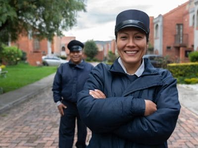 Team of Latin American security guards looking happy working at a gated community and looking at the camera smiling - safety concepts